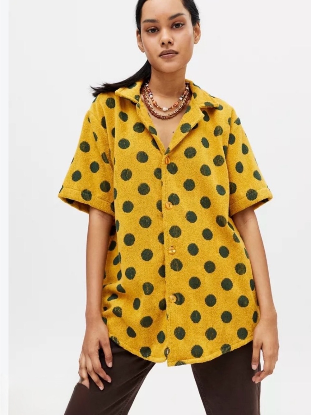 OAS Polka Dot Short Sleeve Towel Terry Shirt Mustard Yellow Green Medium Unisex